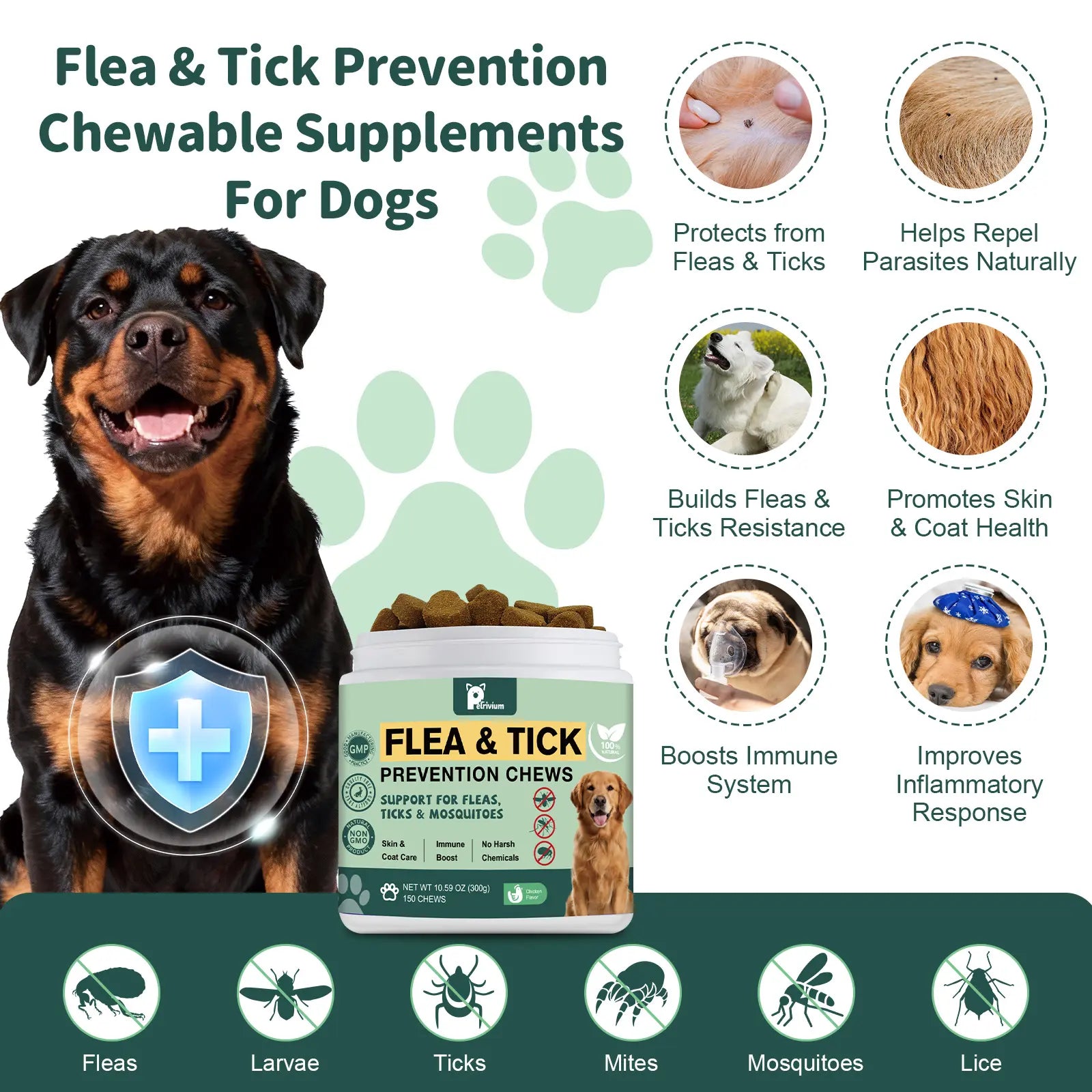 150 Soft Chews for Dogs - Natural Flea & Tick Support - All Breeds & Sizes - Delicious Chicken Flavor
