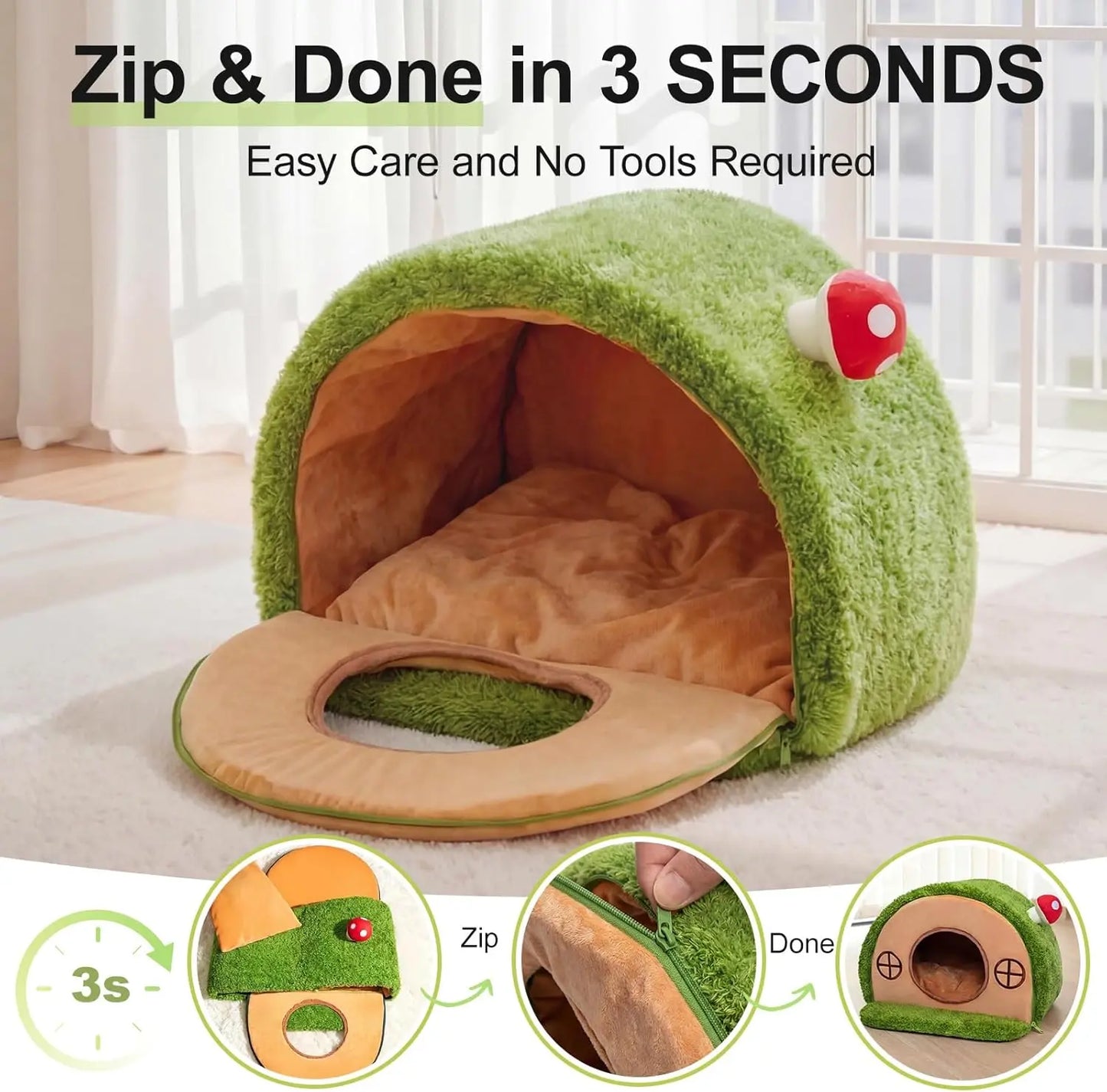 Cozy Crystal Velvet Cat Bed - Enclosed Whimsical Hideaway with Washable Cushion & Anti-Slip Base for Indoor Kittens
