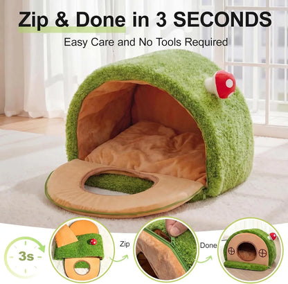 Cozy Crystal Velvet Cat Bed - Enclosed Whimsical Hideaway with Washable Cushion & Anti-Slip Base for Indoor Kittens