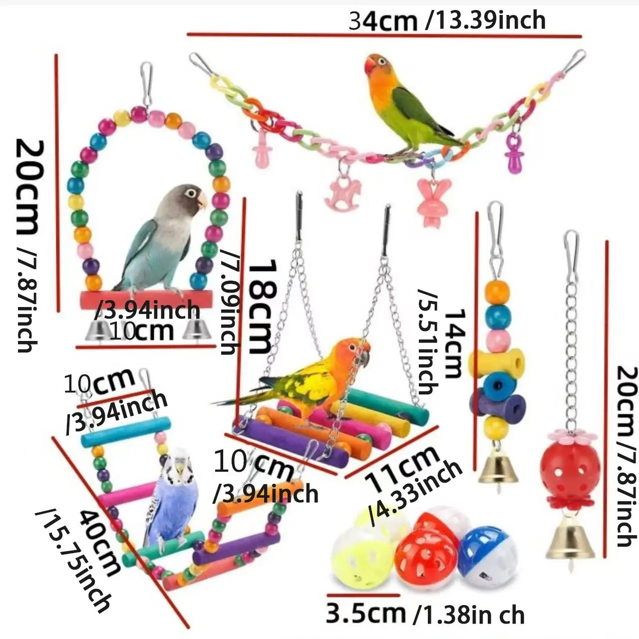 Bird Parrot Toys Set, Swing Hanging Standing Chewing Toy Hammock Ladder Bird Cage Colorful Toys, Suitable for Various Parrots