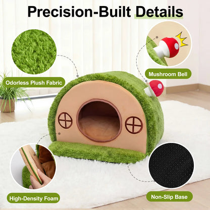 Cozy Crystal Velvet Cat Bed - Enclosed Whimsical Hideaway with Washable Cushion & Anti-Slip Base for Indoor Kittens