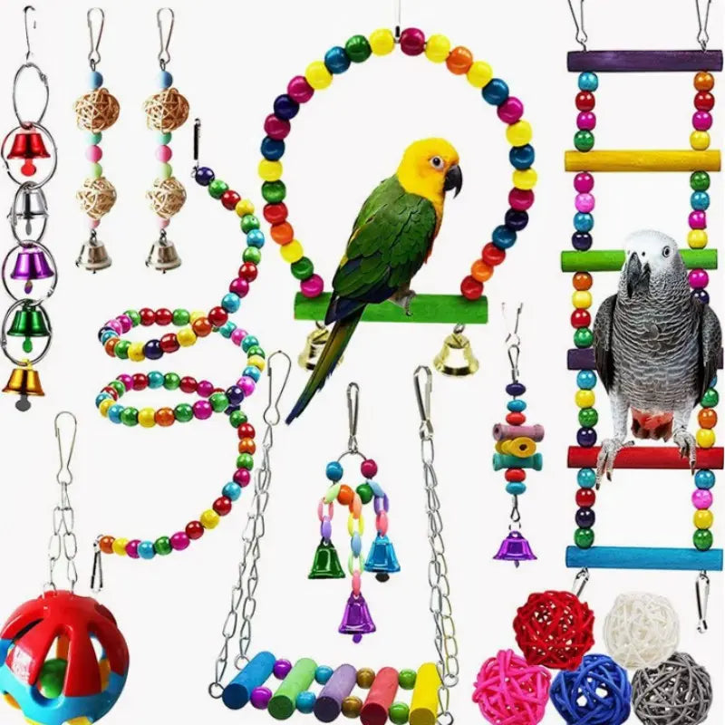 Bird Parrot Toys Set, Swing Hanging Standing Chewing Toy Hammock Ladder Bird Cage Colorful Toys, Suitable for Various Parrots