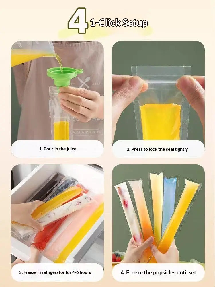 100PCS Leakproof Transparent Popsicle Mold Bags with Silicone Funnel - Ideal for Freezing Juices, Fruits, and Ice Cream Delights!