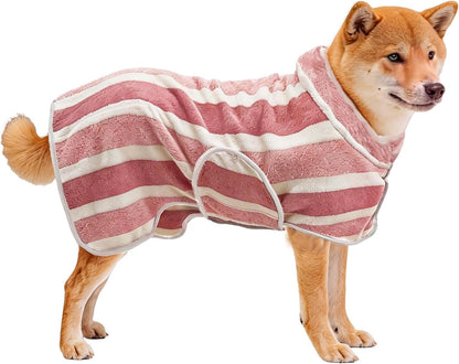 Ultra-Absorbent Fast-Drying Dog Bathrobe with Adjustable Fit - Stylish Striped Towel for Pets (Red, Medium)