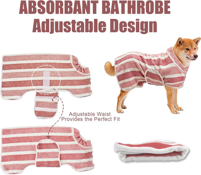 Ultra-Absorbent Fast-Drying Dog Bathrobe with Adjustable Fit - Stylish Striped Towel for Pets (Red, Medium)