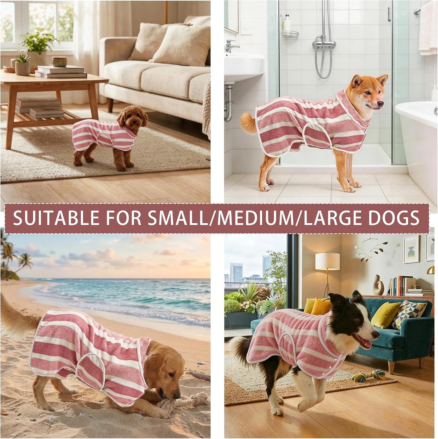 Ultra-Absorbent Fast-Drying Dog Bathrobe with Adjustable Fit - Stylish Striped Towel for Pets (Red, Medium)