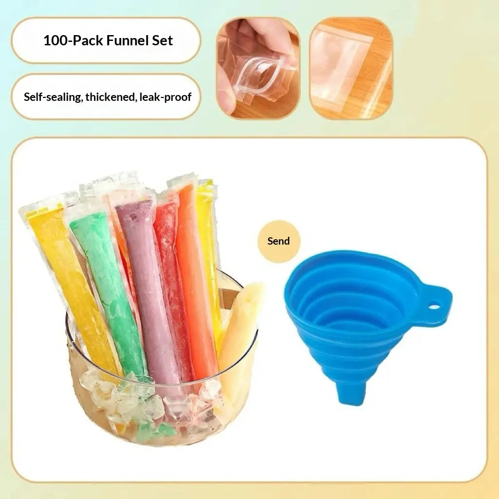 100PCS Leakproof Transparent Popsicle Mold Bags with Silicone Funnel - Ideal for Freezing Juices, Fruits, and Ice Cream Delights!