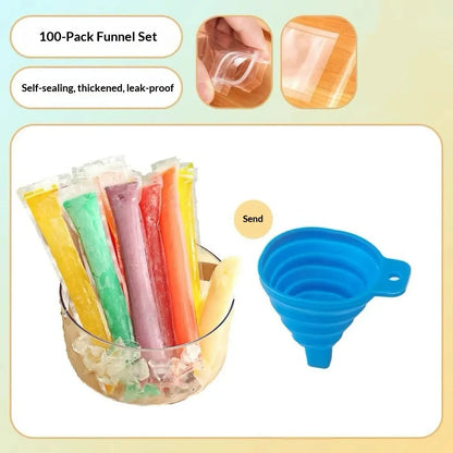 100PCS Leakproof Transparent Popsicle Mold Bags with Silicone Funnel - Ideal for Freezing Juices, Fruits, and Ice Cream Delights!