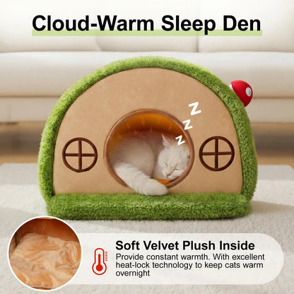 Cozy Crystal Velvet Cat Bed - Enclosed Whimsical Hideaway with Washable Cushion & Anti-Slip Base for Indoor Kittens