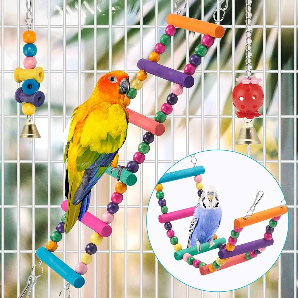 Bird Parrot Toys Set, Swing Hanging Standing Chewing Toy Hammock Ladder Bird Cage Colorful Toys, Suitable for Various Parrots