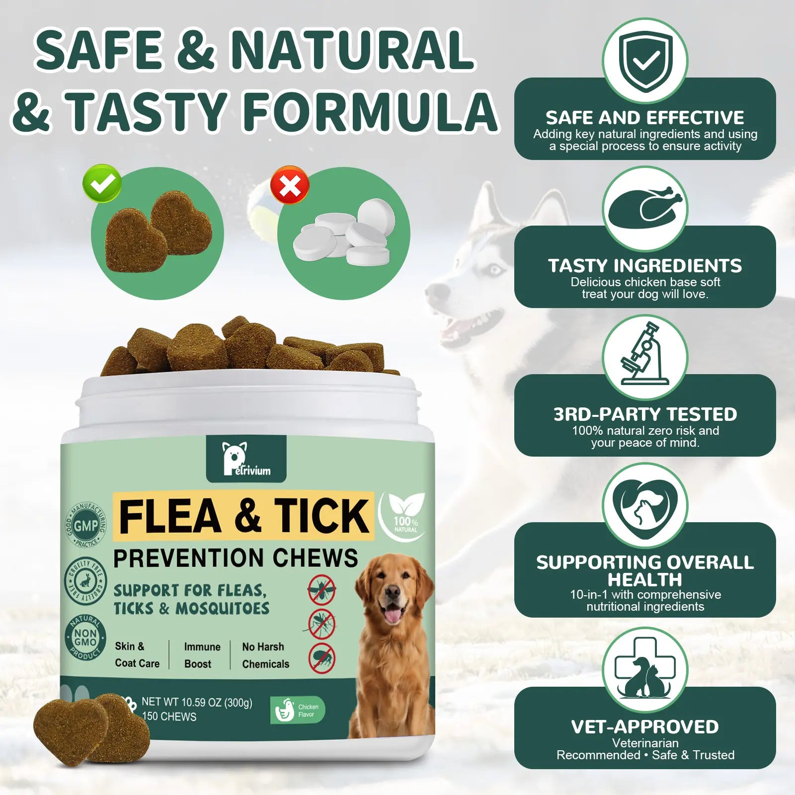 150 Soft Chews for Dogs - Natural Flea & Tick Support - All Breeds & Sizes - Delicious Chicken Flavor