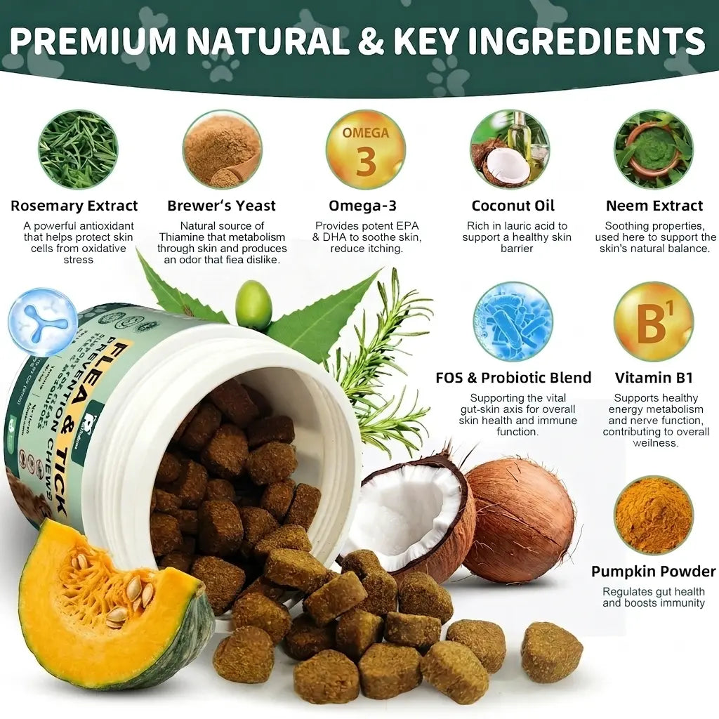 150 Soft Chews for Dogs - Natural Flea & Tick Support - All Breeds & Sizes - Delicious Chicken Flavor