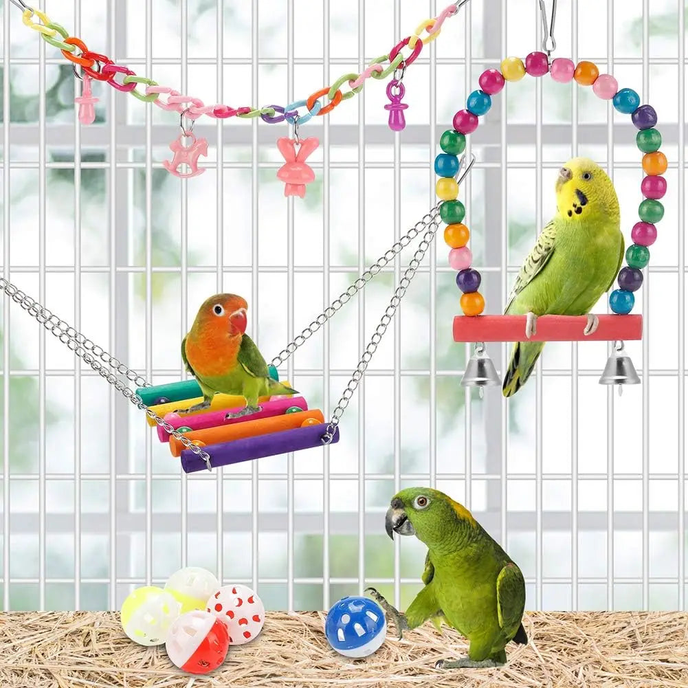 Bird Parrot Toys Set, Swing Hanging Standing Chewing Toy Hammock Ladder Bird Cage Colorful Toys, Suitable for Various Parrots