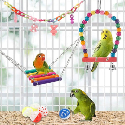 Bird Parrot Toys Set, Swing Hanging Standing Chewing Toy Hammock Ladder Bird Cage Colorful Toys, Suitable for Various Parrots