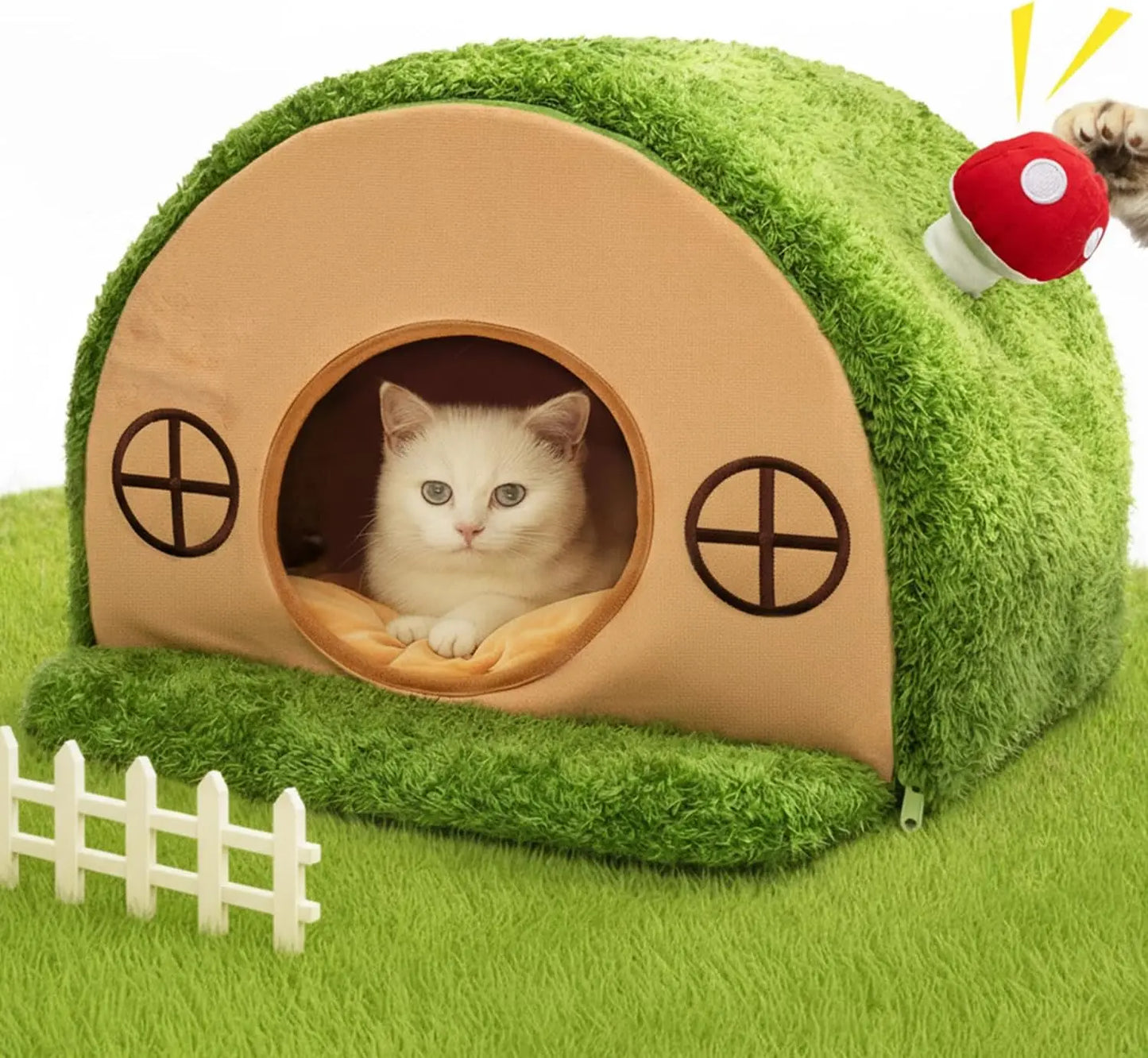 Cozy Crystal Velvet Cat Bed - Enclosed Whimsical Hideaway with Washable Cushion & Anti-Slip Base for Indoor Kittens